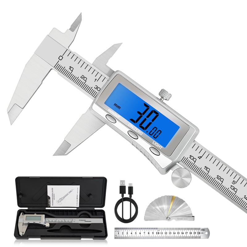 Digital Caliper 6 Inch, Rechargeable Calipers with Backlight LCD Screen, Stainless Steel Caliper Measuring Tool, Auto-Off Micrometer, Inch/MM/Fraction Conversion for 3D-Printing/DIY/Household 6In