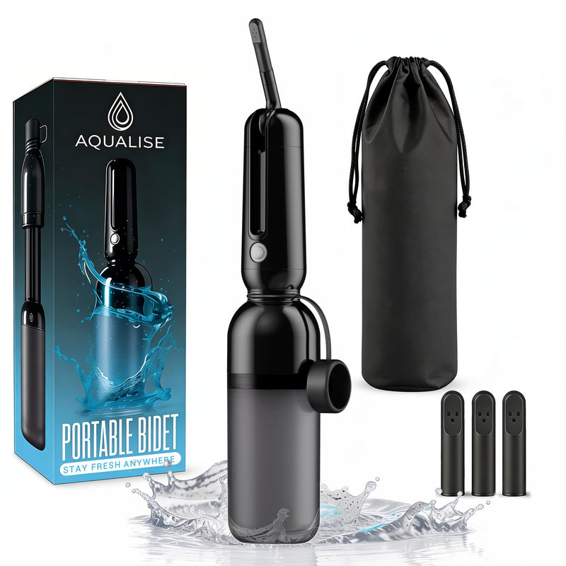 Aqualise Portable Bidet for Travel, USB-C Rechargeable Electric Handheld Bidet Sprayer with 3 Nozzles & Carry Pouch - High-Pressure Waterproof Peri Bottle for Postpartum Care, Women & Men