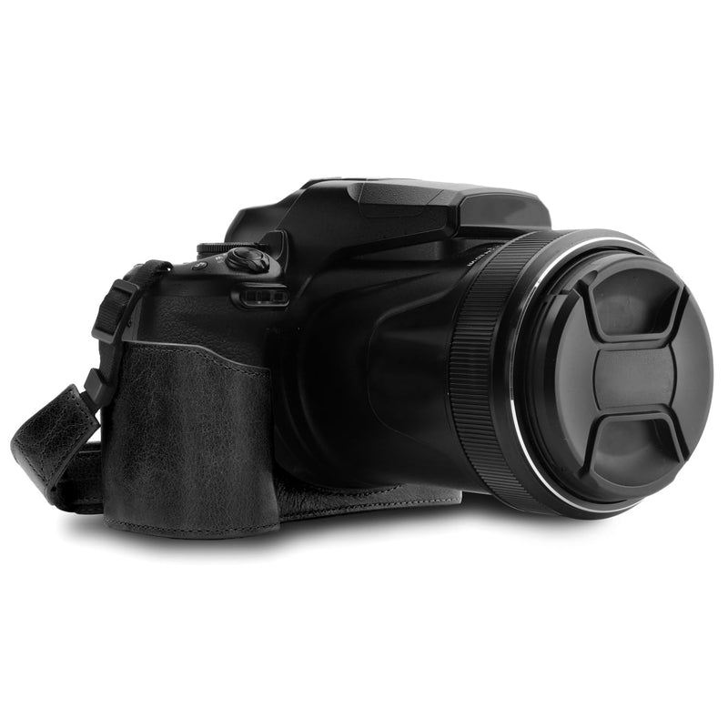 MegaGear Genuine Leather Half Camera Case Compatible with Nikon Coolpix P1100 Black