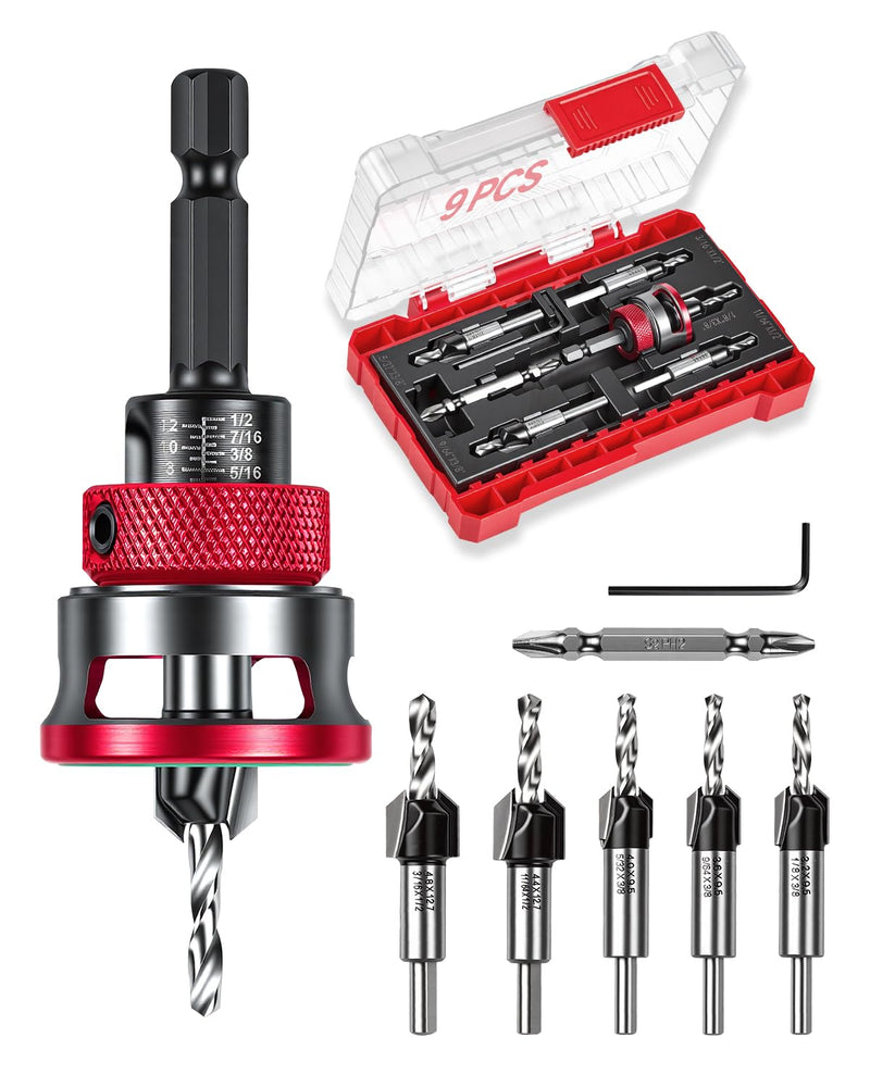 9 PCS Countersink Drill Bits Set, 5PCS Two-Flute TCT Alloy Tapered Drill Bits and Adjustable Depth Stop Collar, Wood Countersink Bit with Wrench for 82 Degree Woodworking, Plywood and MDF DIY 9PCS