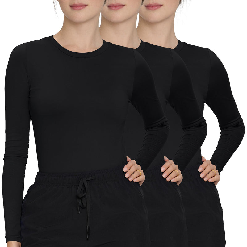 3 Pack Scrub Undershirts Long Sleeve Women, Comfortable Underscrub for Nurse High Crew Neck Medium Black