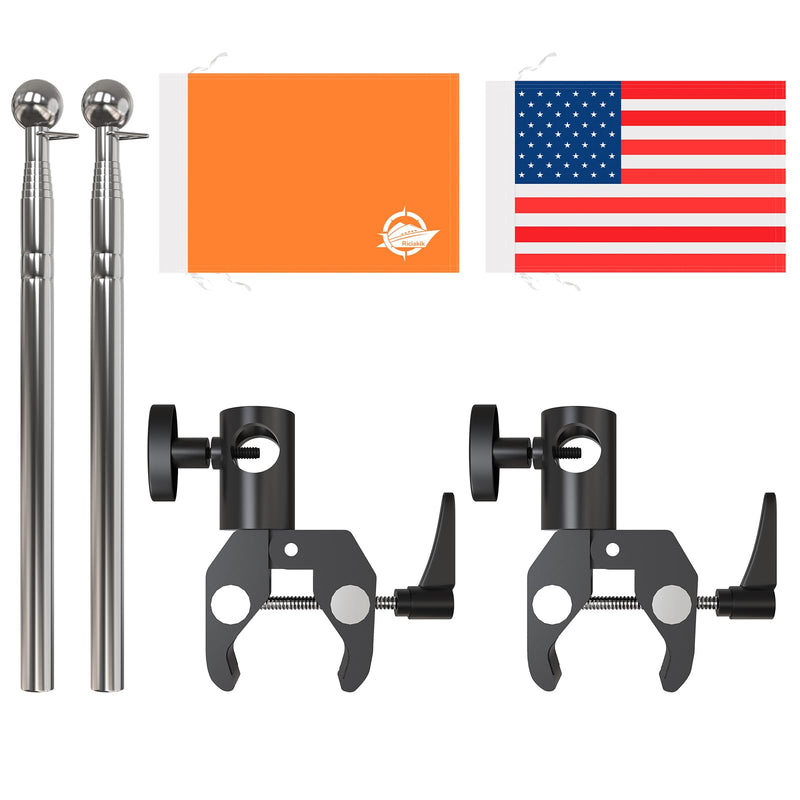 2 Pack American Boat Flag Pole Kit, 44-Inch Orange Boat Flag With Pole, 12x18'' Pontoon Boat Flags, Adjustable Boat Kayak Safety Flag 0.59"-2" Round/Square Rail Water Ski Flag For Tubing, Watersports
