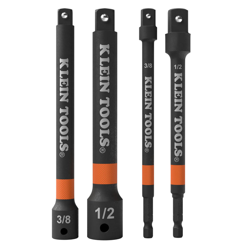 Klein Tools 65038A Impact Socket Extension Set 4-Piece, 6-Inch Extension Bars, Knurled Grip, High-Visibility, Two 3/8-Inch and Two 1/2-Inch Square Drives
