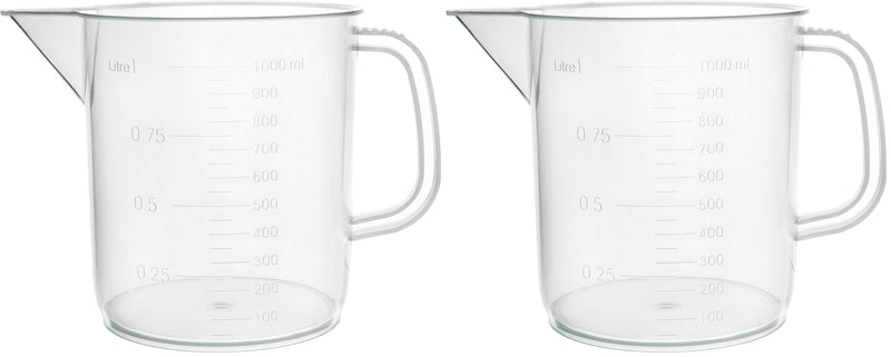 EISCO Plastic Pitcher, 1000mL (1L) - Short Form, Euro Design - Molded Graduations - Chemical Resistant & Autoclavable Polypropylene - Measuring Jug (Pack of 2) 1 Liter (Pack of 2)