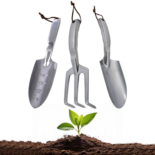Hand Gardening Tools 3 Pack with Cultivator Hand Rake, Transplanting Shovel, and Garden Trowel for Planting - Heavy Duty Cast Aluminum Garden Tool Set with Ergonomic Handles by Kings County Tools