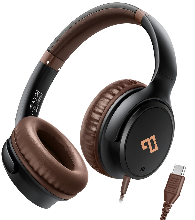 USB C Headphones for School Wired Headphones with Microphone-Brown Headset | Lightweight/Foldable/Adjustable/Comfortable Over Ear Headphones for iPad/Travel/iPhone 17, Back-to-School Season, Teen Gifts Brown