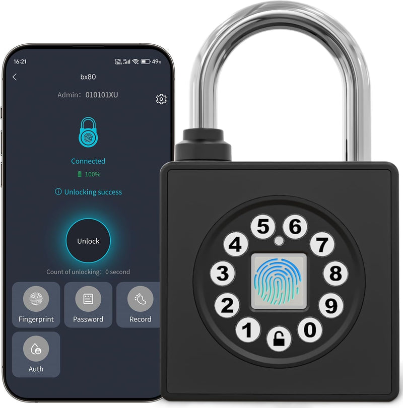 SFW Fingerprint Padlock with Key,Heavy Duty Combination Lock Locker,Water Resistance with Codes APP Access for Outdoor Fence Gate Pool Shed Gym Lock Storage
