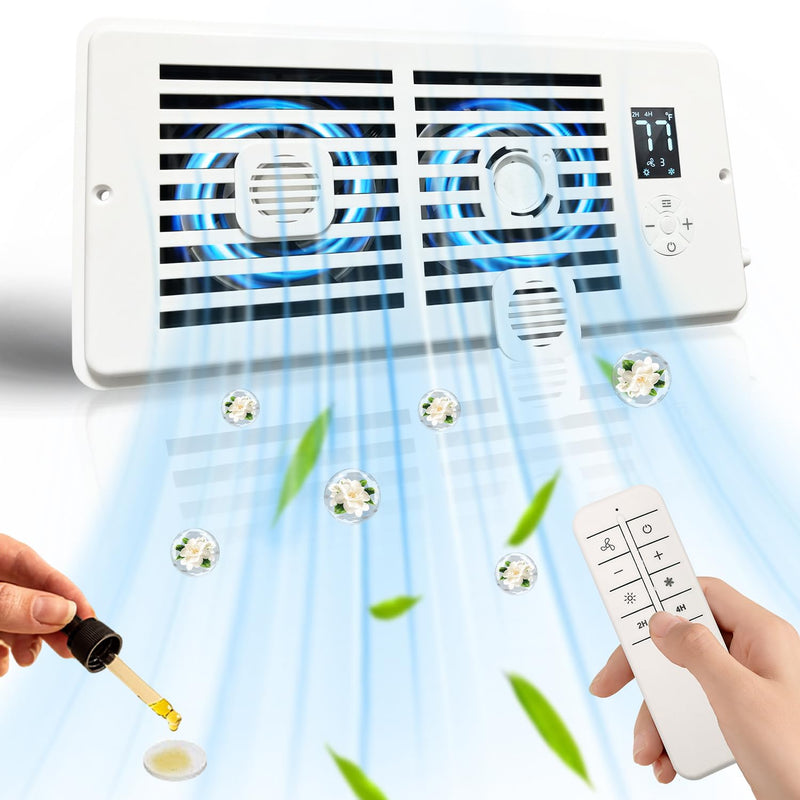 Smart Register Booster Fan for 4" x 10" Vents, Vent Fan Booster (White) | 2 Scent Diffuser Slots, 10-Speed, Remote Control, 3-Mode, LCD Screen, Thermostat Control, Improves Uneven Heating and Cooling White 4'' x 10''
