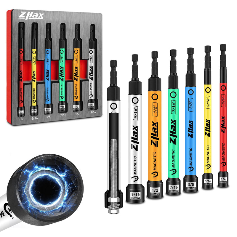 ZHAX 6-Piece Magnetic Hollow Impact Nut Drivers Set, 6-Inch Extra Long SAE 1/4" - 9/16", 1/4 Inch Hex Drive, Color Coded Impact Nut Setters With EVA Storage Organizer 6-Piece SAE