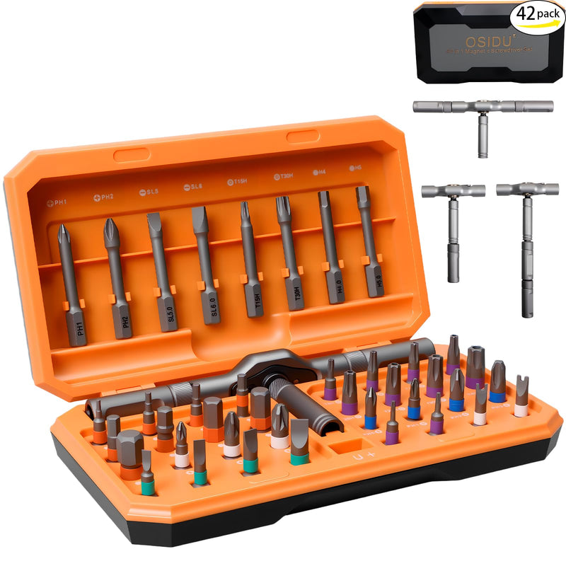 42 in 1 Magnetic Screwdriver Set, Multi Bit Screwdriver Set with Detachable Ratchet Handle, Portable Screw Driver Set Kit for Computer, Eyeglass, Bicycles, Watch, Furniture and Electronic Repair 42 in 1 Orange