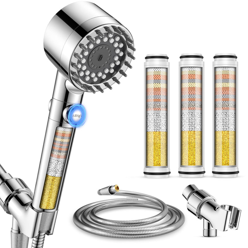 Vatex Filtered Shower Head with Handheld, High Pressure 4 Spray Showerhead with ON/OFF Switch, Shower Heads with 3 Filters for Hard Water Remove Chlorine, Reduce Dry Itchy Skin Chrome
