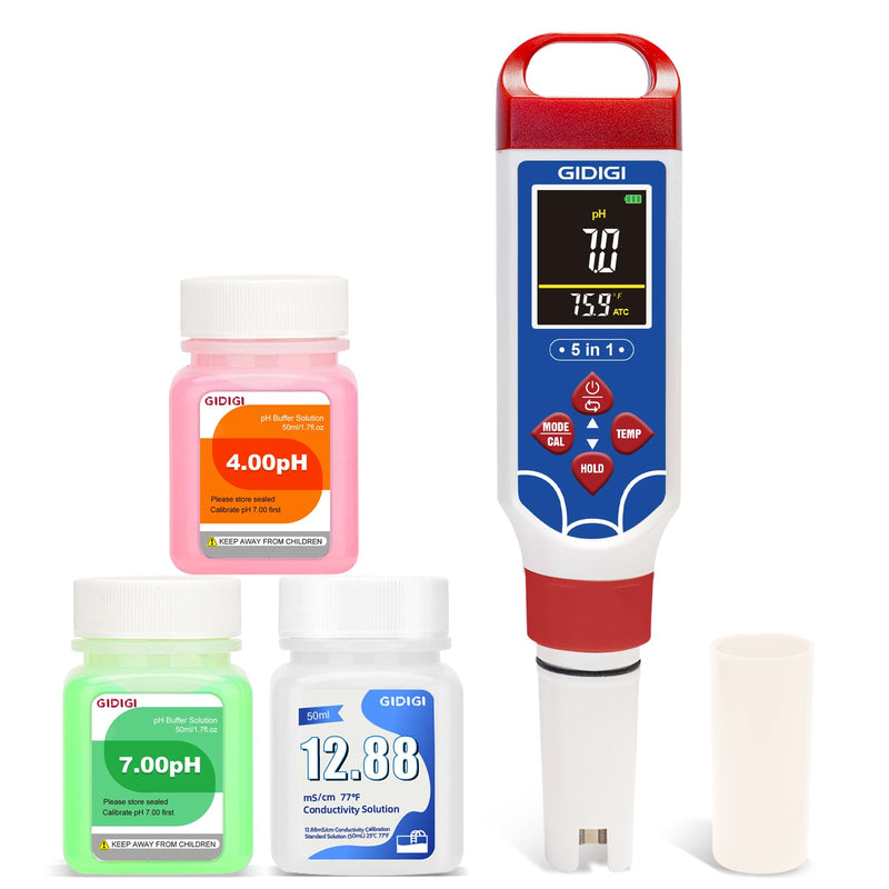 5 in 1 Digital pH Meter with TDS/EC/Salinity/Temp, Pool Salt Tester pH Pen for Water, Digital Salinity Meter for Saltwater Pool, Aquarium, Home Tank, Hydroponic pH Tester with pH Reset Function