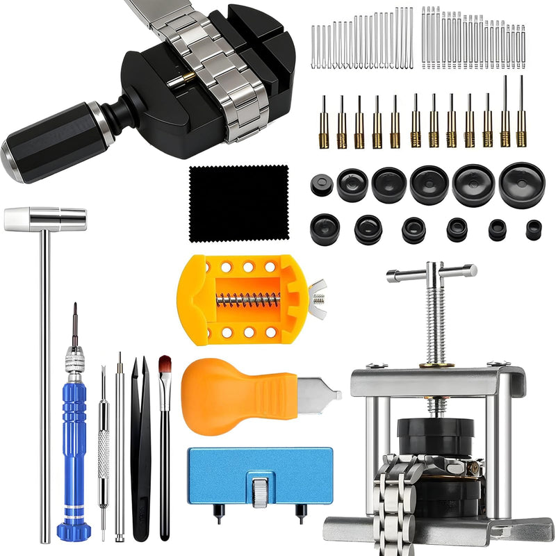 81-Piece Watch Repair Tool Kit, Professional Watch Press Machine with Watch Link Remover, Multi-functional Watch Back Case Opener Closer Set for Battery Replacement, Band Adjustment, and Back Cover Sealing