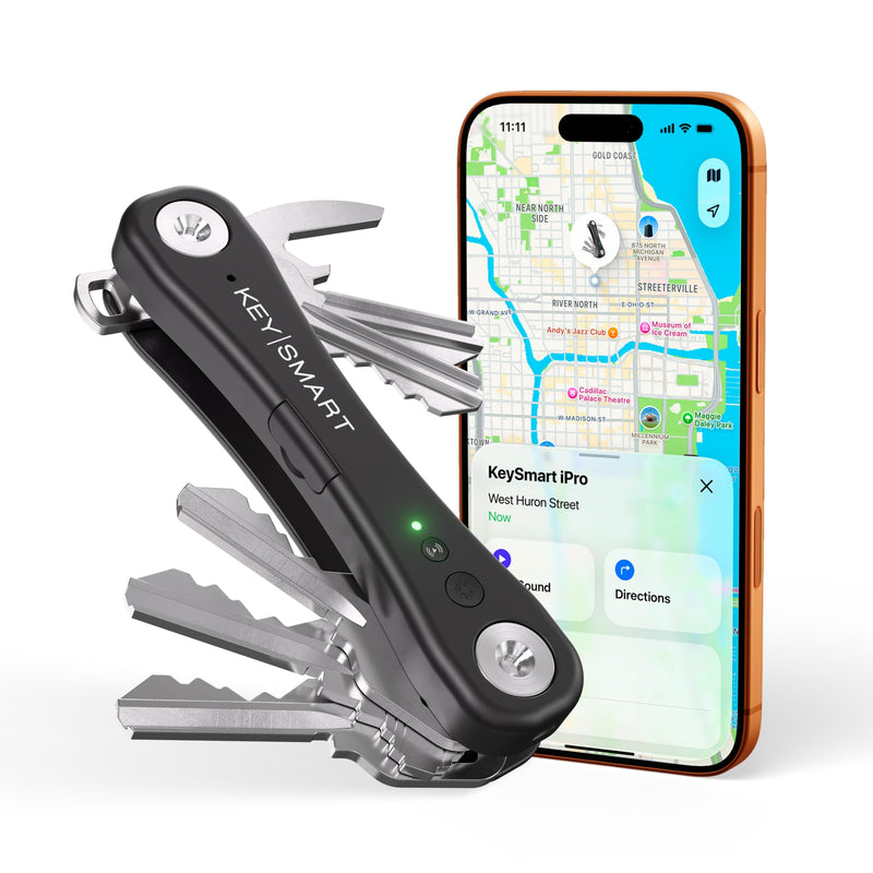 KeySmart iPro - Key Finder Locator with Sound, Keychain Key Holder, Apple Find My App Compatible, Key Organizer, Compact Clutter-Free Key Chain Tracker, Rechargeable Battery (Up to 14 Keys, Black)