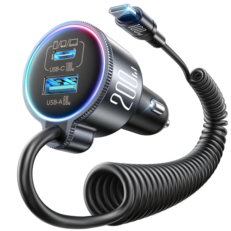 FLYLEAD 200W Car Charger USB C Fast Charge, [GaN] PD100W Fast Car Charger | Cigarette Lighter Phone Charger Adapter for iPhone 17/16/15 Pro Max, MacBook Pro Air Laptop, Samsung S26/S25, Pixel, iPad Pro Black