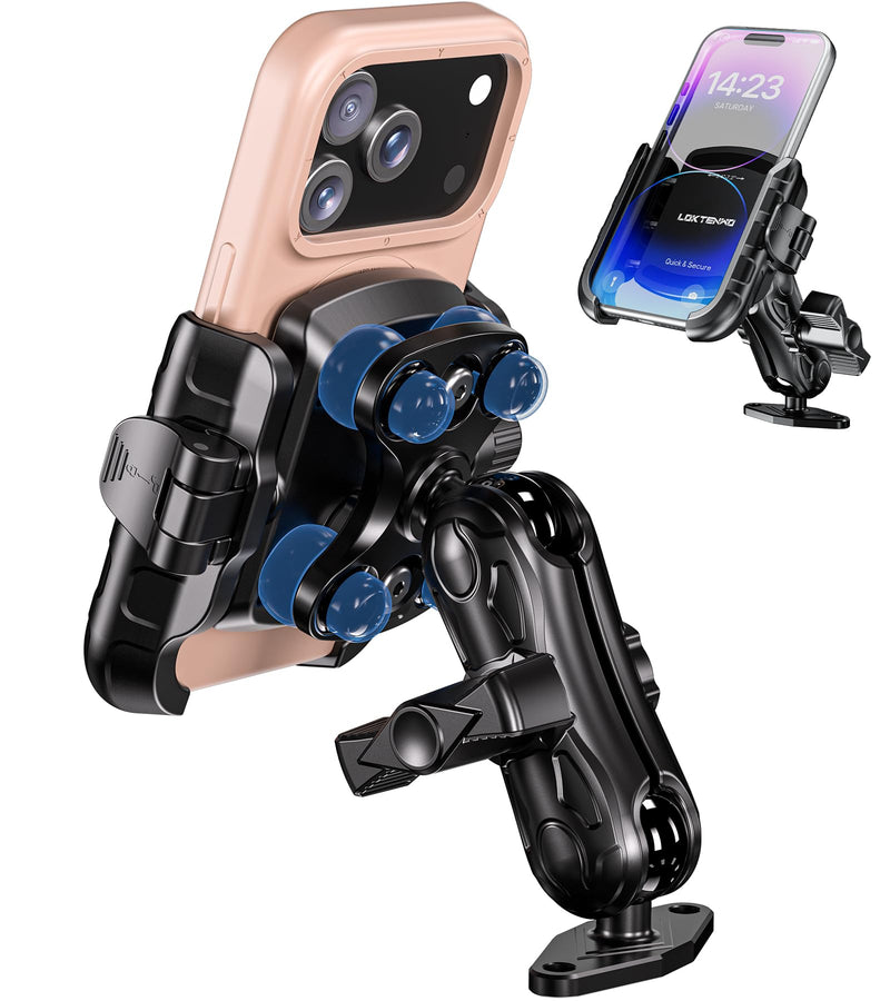 LOKTENWO Phone Mount Holder with Vibration Dampener, Quick Lock Shockproof | No Block Camera Phone Holder, Aluminum AMPS Diamond Base for Car UTV Truck Boat, Fits 5.4"-7.2" Phones