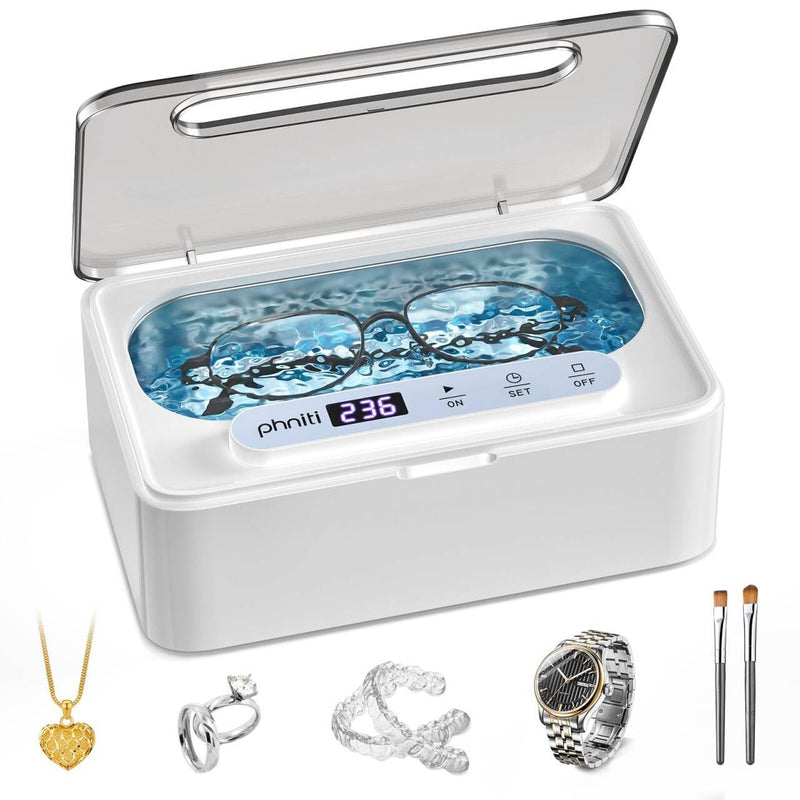 Phniti Ultrasonic Jewelry Cleaner, 47kHz Professional Ultrasonic Retainer Cleaner Machine for Dental Cleaning Three Cleaning Modes, Mouth Guard, Watch, Ring, Diamond, White 330ML