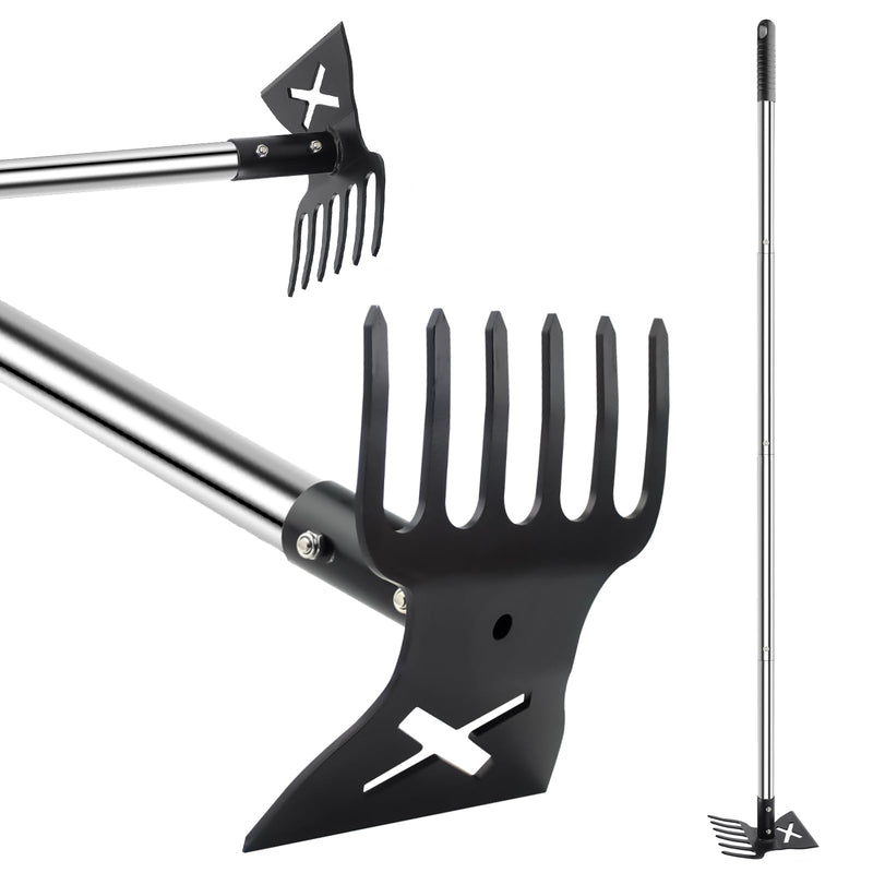 2 in 1 Garden Hoe and Cultivator Weeding Rake 6 Tines, Manual Weed Puller Tool with Long Handle, 56" Heavy Duty Hand Weeder Remover Tools for Patio, Lawn, Garden, Flower Beds, Loosen Soil and Planting