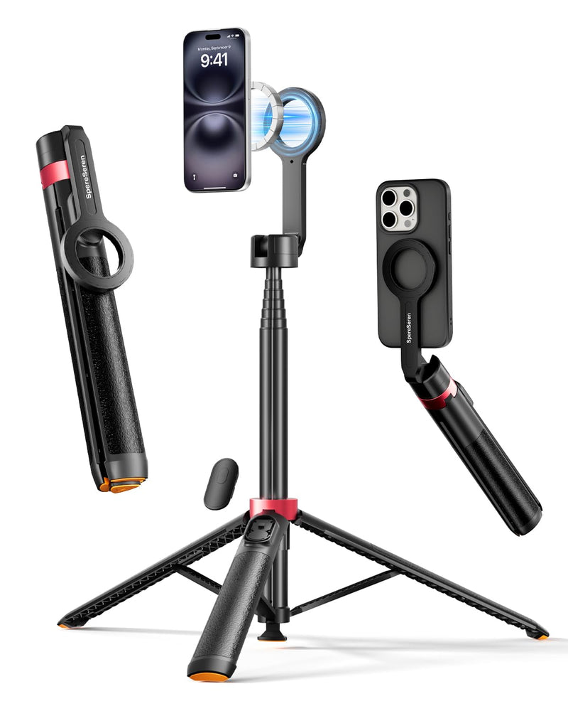 Magnetic Phone Tripod for iPhone, 70" 1s Open Selfie Stick with Remote | MagSafe compatible phone stand for iPhone & Android, portable for selfies, recording and live streaming Black