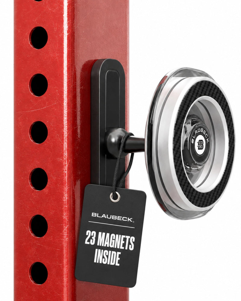MagSafe Gym Magnet Mount for Gym and Squat Rack, Metal Phone Holder | Snaps to iron and steel racks, benches, golf carts. Ball joint 360 tilt. Android works with the included ring