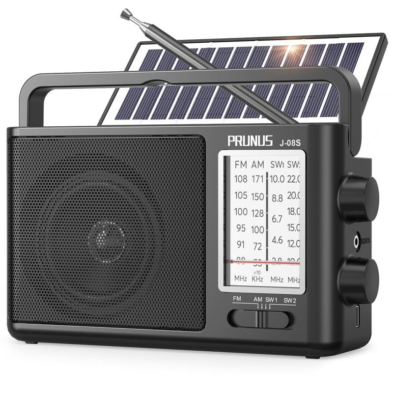 PRUNUS J08 Portable Radio AM FM with Solar, Battery and USB Charging | Loud Speaker, Excellent Reception, Big Knobs Easy to Use for Senior, for Indoor and Outdoor, Transistor Radio