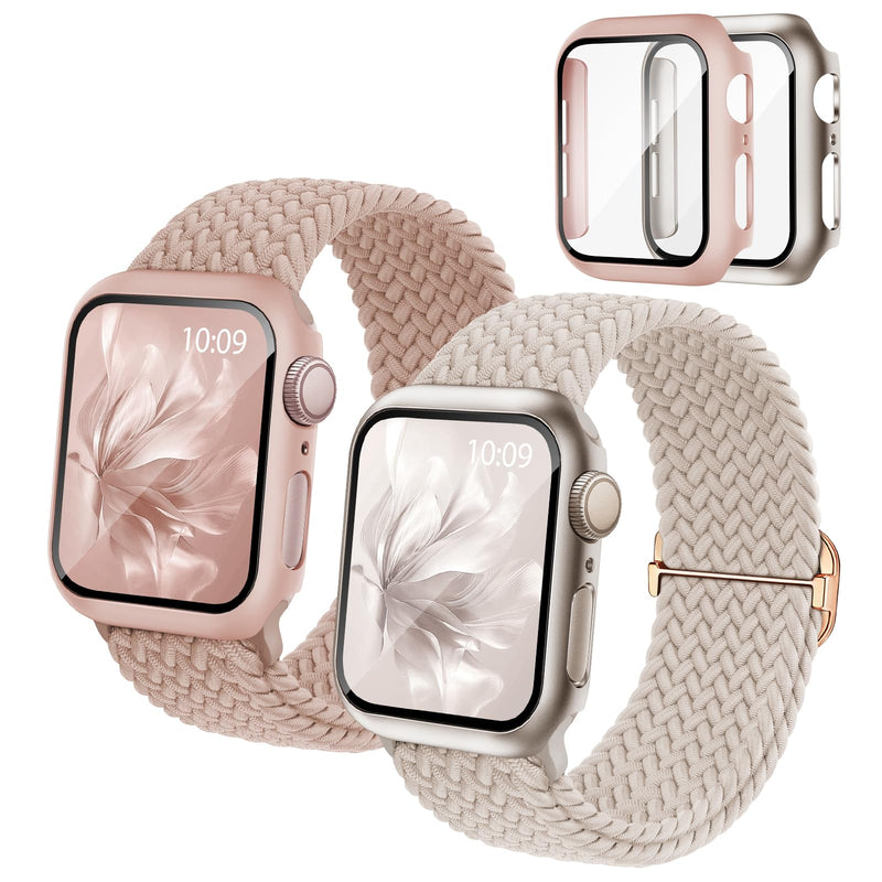 2 Pack Braided Stretchy Band Compatible with Apple Watch Bands and Case | 40mm 41mm 42mm 44mm 45mm 46mm Nylon Elastic Strap Protective Cover & Screen Protector, Fit iWatch Series 11 10 9 8 7 SE 6 5 4 Starlight+Pink