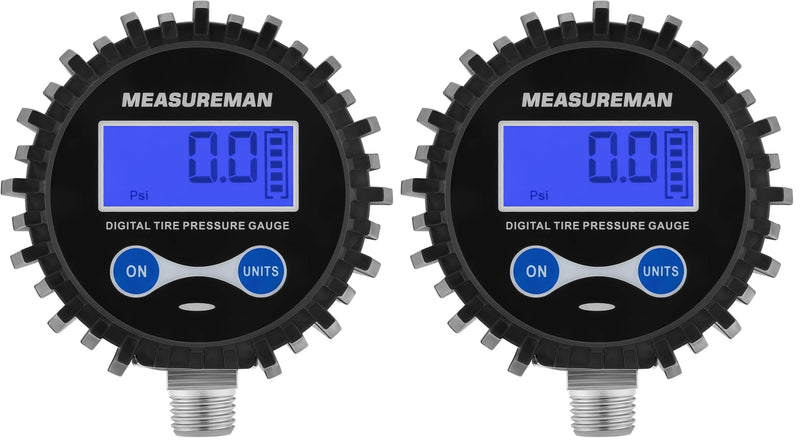 MEASUREMAN 2-1/2" Dial Size Digital Air Pressure Gauge with 1/4'' NPT Bottom Connector and Protective Boot, 0-250psi, Accuracy 1%, Battery Powered with LED Light (Pack of 2) Long thread (Pack of 2)