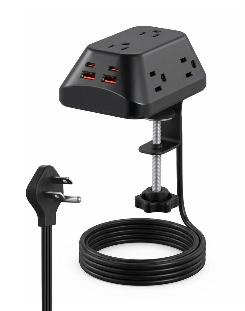 Desk Clamp Power Strip, 6 AC, 2 USB-C & 2 USB-A, 1440J, 6FT Cord | Fits 1.97in Desks, 17W Shared USB Charging, 45° Flat Plug & 3-Side Layout for Home Office, Standing Desk and Gaming Setups 6FT-Black