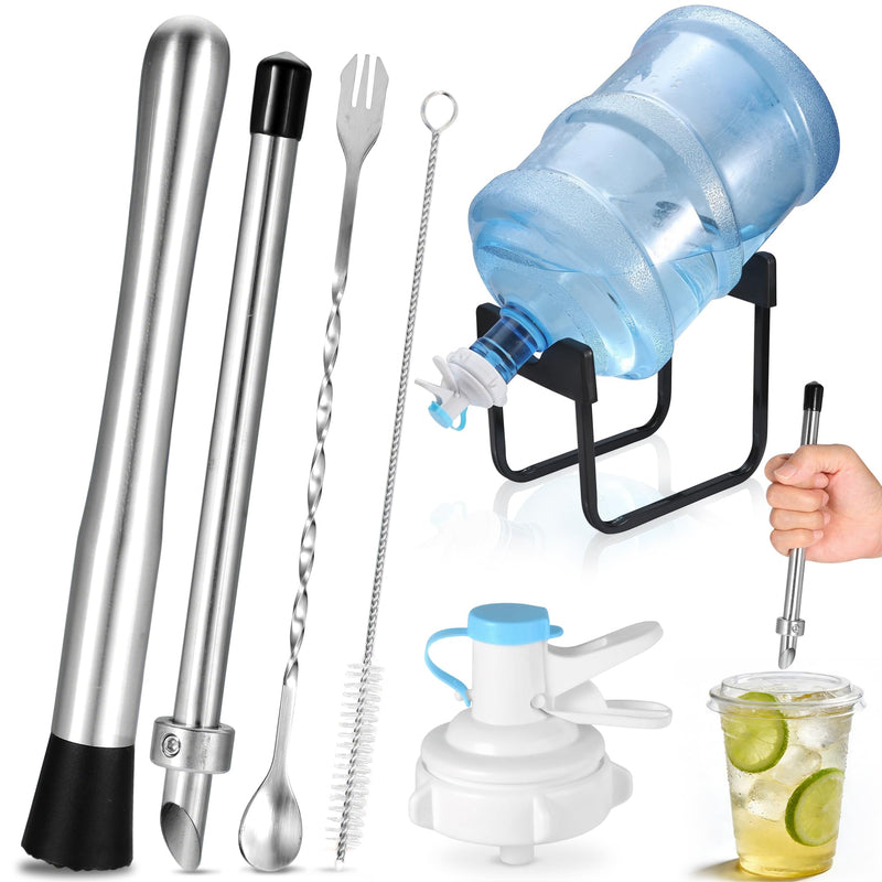 Yoption Lemonade Stand Supplies Tool Kit, Include Muddler, Straw Puncher, Stainless Steel 3-5 Gallon Water Jug Stand, Dispenser Valves, Straw Brush and Mixing Spoon for Lemonade Preparation
