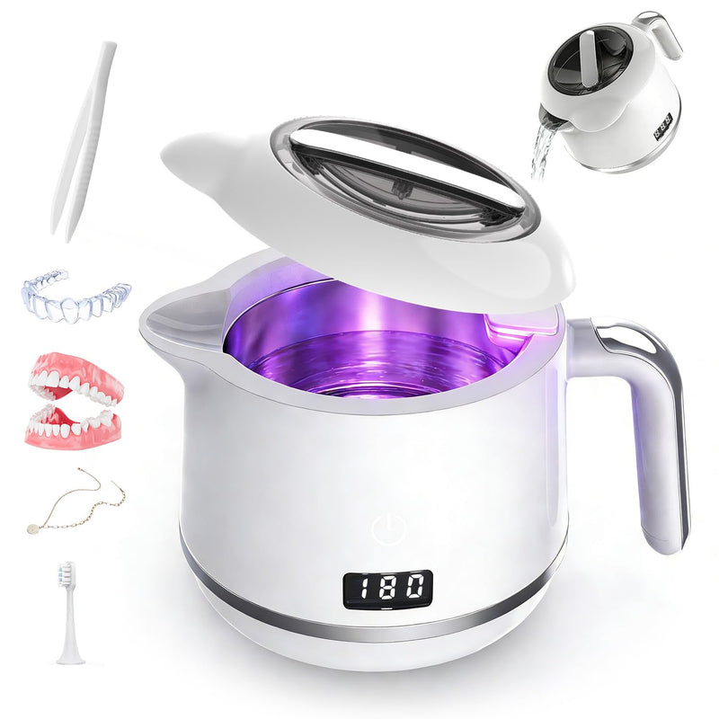AURTEC Ultrasonic Cleaner UV Light 180ml Steel Tank for Dental Jewelry | Quiet Operation, Touch Control & Viewing Window, Cleans Retainer, Aligners, Denture, Night Guard & Jewelry