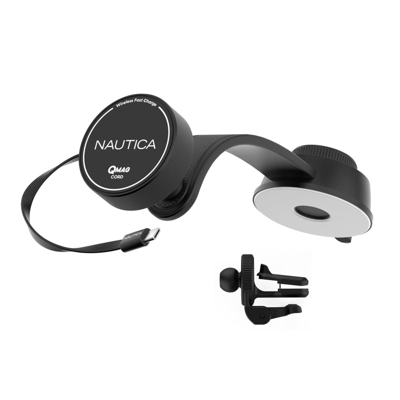 Nautica Turan QMAG Cord - Wireless Magnetic Car Charger 15W with Built-in Retractable USB-C Cable, Universal Fast Charging Phone Mount, Dashboard & Vent Mount for iPhone 17, Galaxy S25, Pixel 10