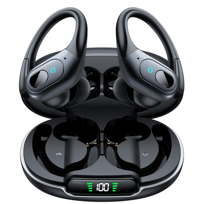 occiam Active Noise Cancelling Earbuds Wireless Bluetooth Headphones | Ear Buds 90Hrs Playback Stereo Bass Earphones with Mic Over-Ear Hooks IPX7 Waterproof Headset for Sports Running Matte Black