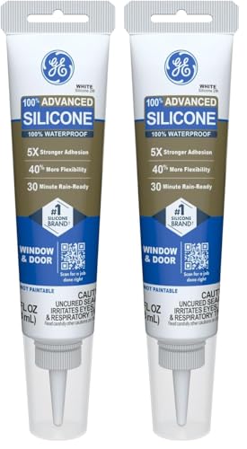 GE Advanced Silicone Caulk for Window & Door, White, 2.8 fl oz Tube - 100% Waterproof Silicone Sealant, 5X Stronger Adhesion, Freeze & Sun Proof,(Pack of 2) Classic Pack of 2