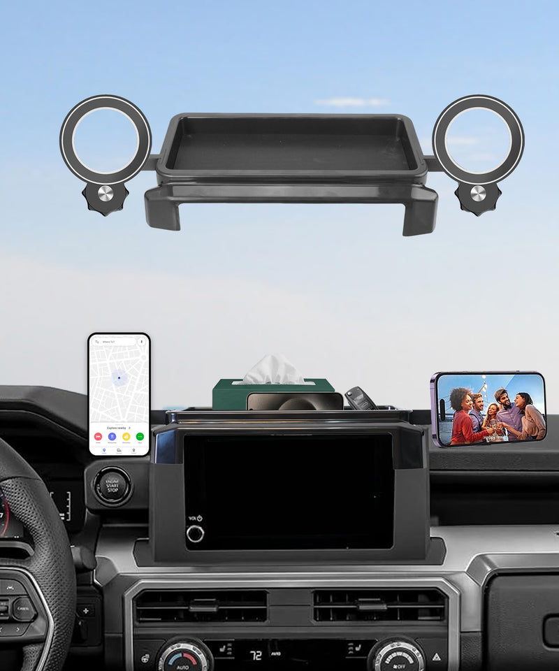 Car Phone Holder for Toyota Tacoma 2024-2026/4Runner 2025-2026 Accessories | 8" Screen Clip MagSafe Strong Magnetic Cell Phone Mount,Dual Slots Holders for Driver& Passenger,with Dashboard Storage Tray for 2024-2026 Tacoma/2025-2026 4Runner(8" Screen)