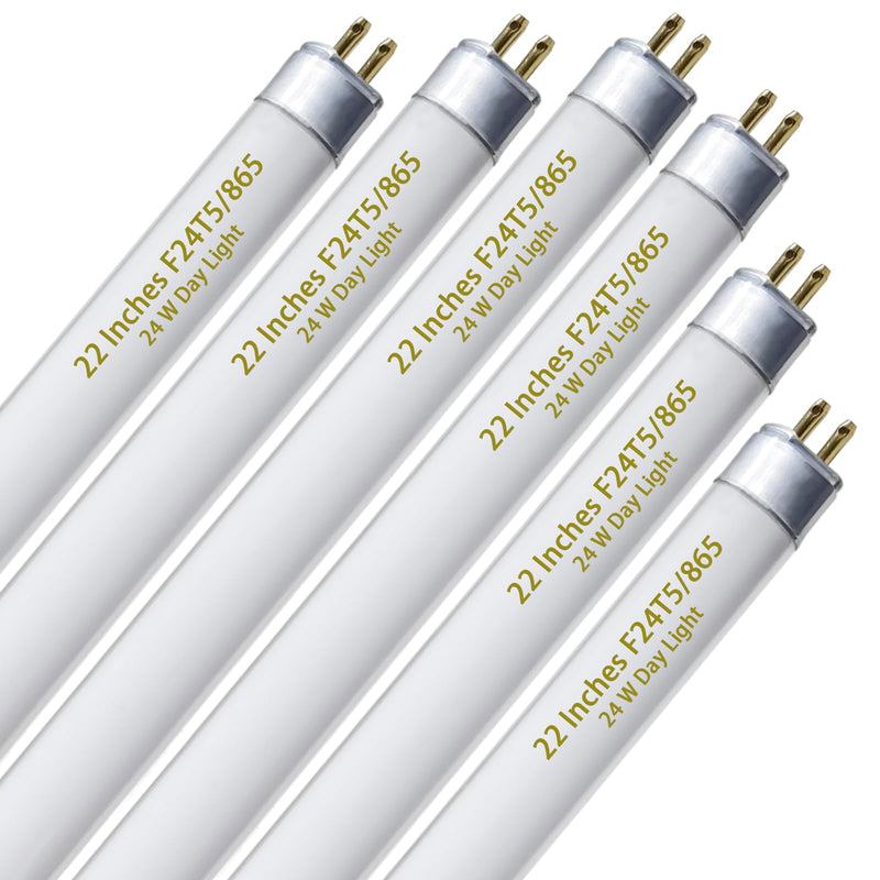 F24T5/865 6 Pack 22 Inch T5 Fluorescent Grow Light Bulbs, 24W 6500K Full Spectrum, 2000 Lumens, High Output (HO) Bulbs for Indoor Plants, Seedlings, Veg Growing, Sunlight White, Energy Efficient 24.0