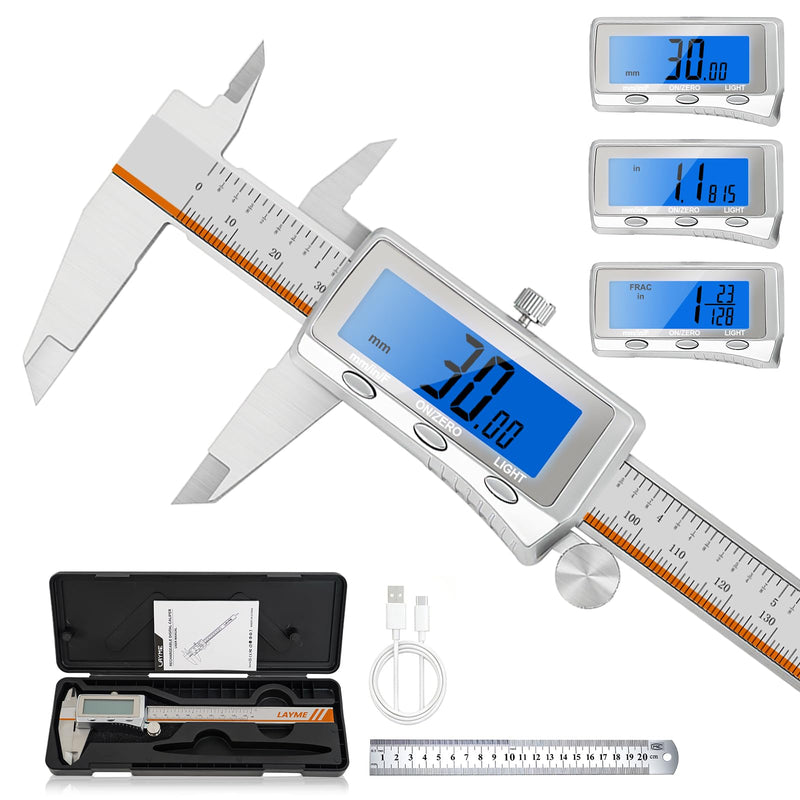 Digital Caliper, Rechargeable Digital Calipers with Backlight LCD & Auto-Off, Stainless Steel Measuring Tool, Inch/MM/Fraction Conversion for 3D Printing DIY Woodworking 6 Inch