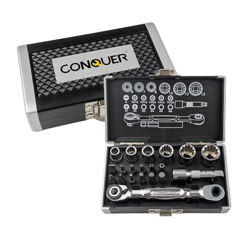 CONQUER 21-Piece 1/4" Drive Mini Ratchet Spline Socket Set, SAE/Metric 21 PC Spline Socket Set