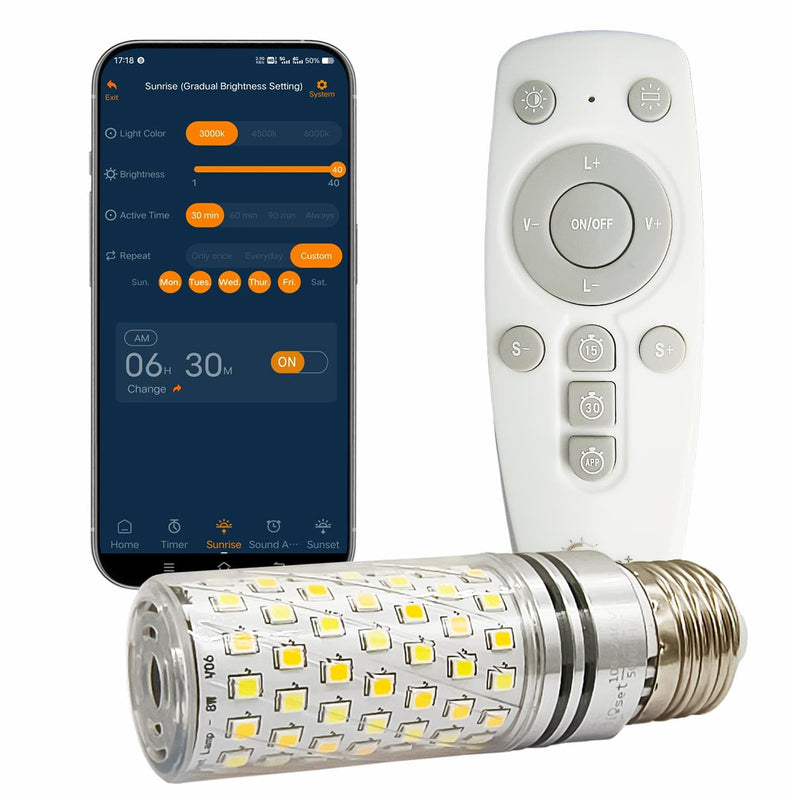 Smart LED Light Alarm Bulb with Sunrise Sunset Simulation | Natural Sounds, 2-in-1 Wake-Up & Sleep Aid, App + Remote Control, 800 Lumens, Bedroom Ambiance