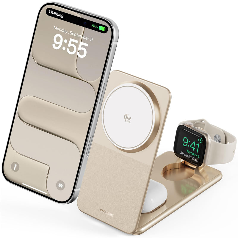 ANJANK Foldable Magnetic Charger, 25W 3 in 1 Wireless Charging Station, Qi2.2 Fast Charger, Aluminum Alloy Cooling Charger Stand for iPhone17/16/15 Pro Max, Apple Watch, AirPods(45W Adapter),Ultrathin
