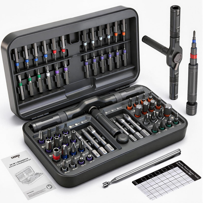 DISEN 68 in 1 Ratcheting Screwdriver Set, 58-Tooth T-Handle with Magnetic Pickup & Pad, 42 S2 Steel Bits, Magnetic Case, Repair Kit for Electronics, Laptop, PC, Game Console, Furniture, Bike 68PCS