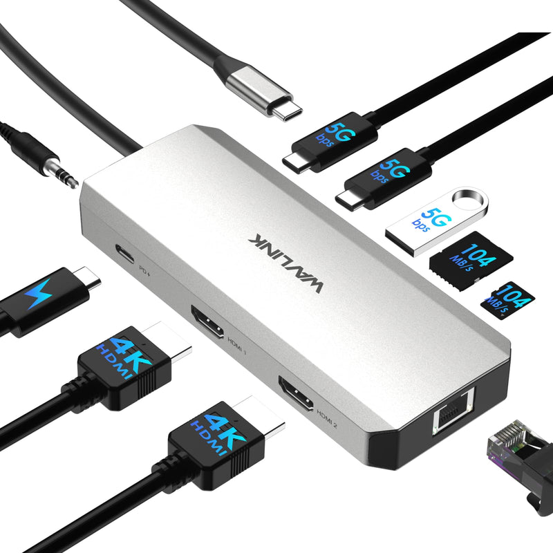 WAVLINK Laptop Docking Station, WAVLINK Docking Station Dual HDMI | Dual 4K@60Hz, 100W PD in,3×USB-A 5Gb, Gigabit Ethernet,SD/TF, Compatible with Dell/HP/Lenovo, Windows Only