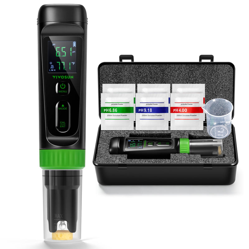 VIVOSUN Aerolab Digital pH Meter Kit ±0.01 High Accuracy, Waterproof pH Tester Pen with Replaceable Probe, LCD Display, Auto Temperature Compensation, Calibration Powder for Hydroponics, Gardening Black