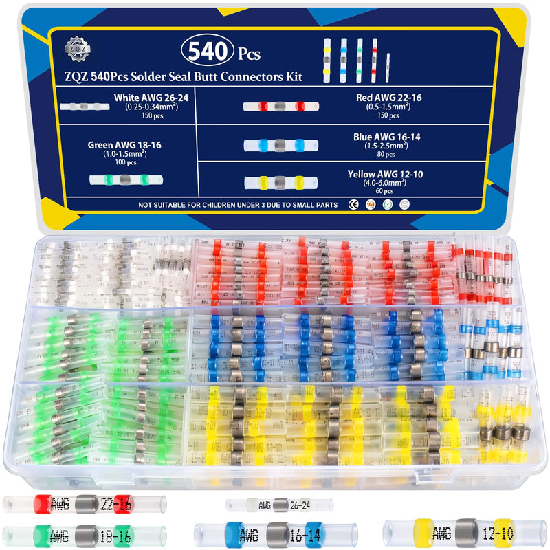 ZQZ 540PCS Solder Seal Wire Connectors Kit, Heat Shrink Solder Stick, Waterproof Soldering Butt Connectors, Electrical Crimpless Solders Wire Terminals Assortment Kit, Marine Butt Splice Connector Solder Seal 540PCS