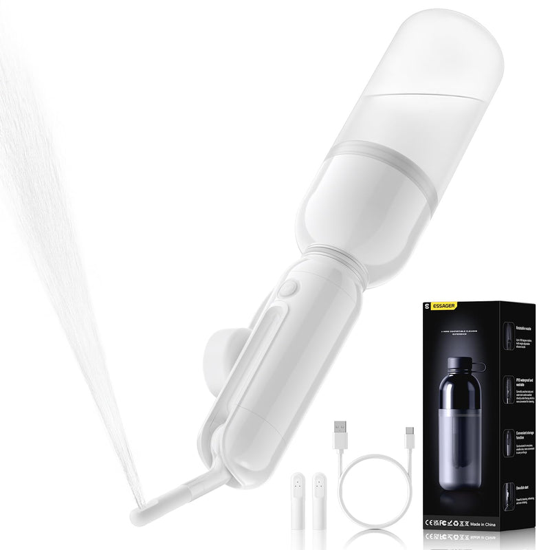 ESSAGER Portable Bidet for Travel, Foldable & Rechargeable Handheld Sprayer–Waterproof with 2 Pressure Modes, 350ml Expandable Bottle for Women, Men, Baby, Postpartum & Personal Hygiene(White) White