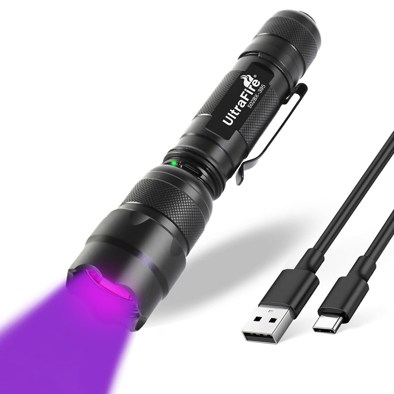 ULTRAFIRE 395nm UV Flashlight Rechargeable Black Light Flashlight for Pet Urine Stain Detection, Finding Scorpion, House Cleaning and Resin Curing 502BX-395