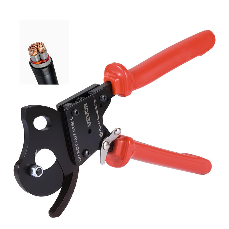 VEVOR Ratcheting Cable Cutter, Spring Steel Blades with PVC-Coated Handles, Quick-Release Button, Heavy Duty Ratchet Cable Wire Cutter for Cutting Copper & Aluminum Cables Up to 600 MCM / 300 mm² 11inch/600 MCM / 300 mm²