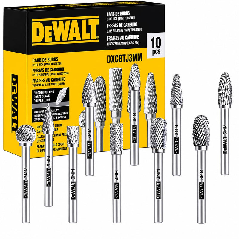10 Pack DEWALT Tungsten Carbide Burrs Size 3MM with 1/8" Shank for Tough Metalworking (DXCBTJ3MM)