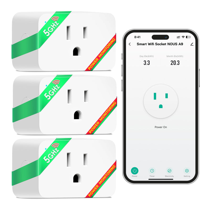 NOUS Wi-Fi Smart Plug 15A, Dual-Band 2.4GHz & 5GHz, Energy Monitoring, Compatible with Alexa, Google Home, Tuya App, Remote Control, Timer, Compact Design, Smart Outlet, 3 Pack