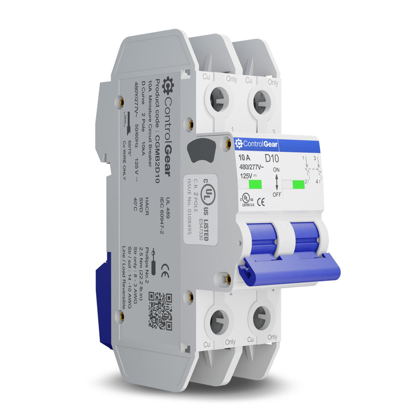 Mini Circuit Breaker UL489 Listed 10A D Curve 480Y/277VAC 125VDC 10kAIC DIN Rail Mount Non Polarized MCB Branch Circuit Protection, ControlGear CGMB2D10 (2 Pole D Trip 10 Amp) 2Pole "D"trip 10 Amps