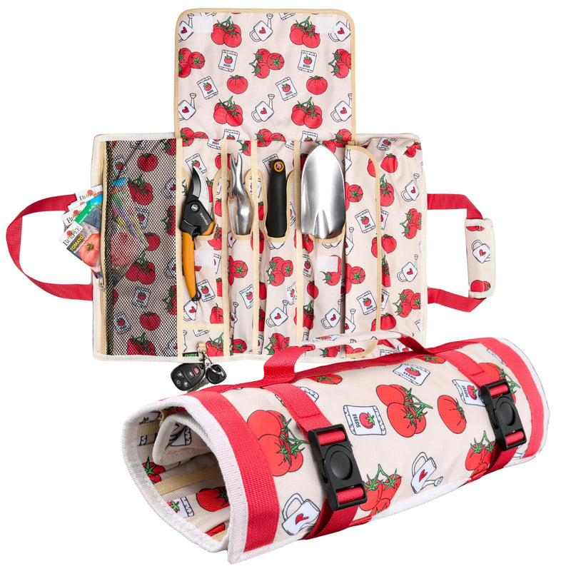Garden Tool Bag - Roll-Up Garden Tool Holder with Deep Pockets | 900D Polyester Heavy Duty Gardening Tote | Compact Washable Organizer for Tools, Seeds, and Essentials (Tools Not Included) Tomato Print